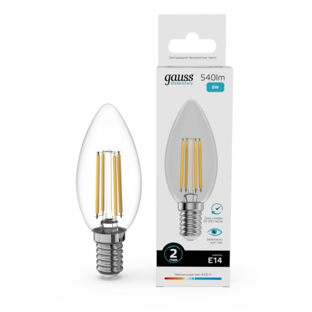 Гаусс Лампа Filament Elementary Свеча 8W 540lm 4100К Е14 LED 1/10/100